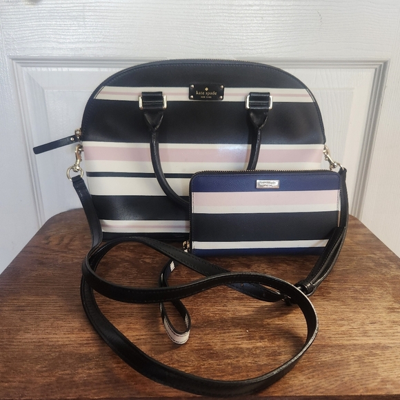 kate spade Handbags - Kate Spade Crossbody Domed Purse Black And Pink Striped Saffiano Leather Wrislet